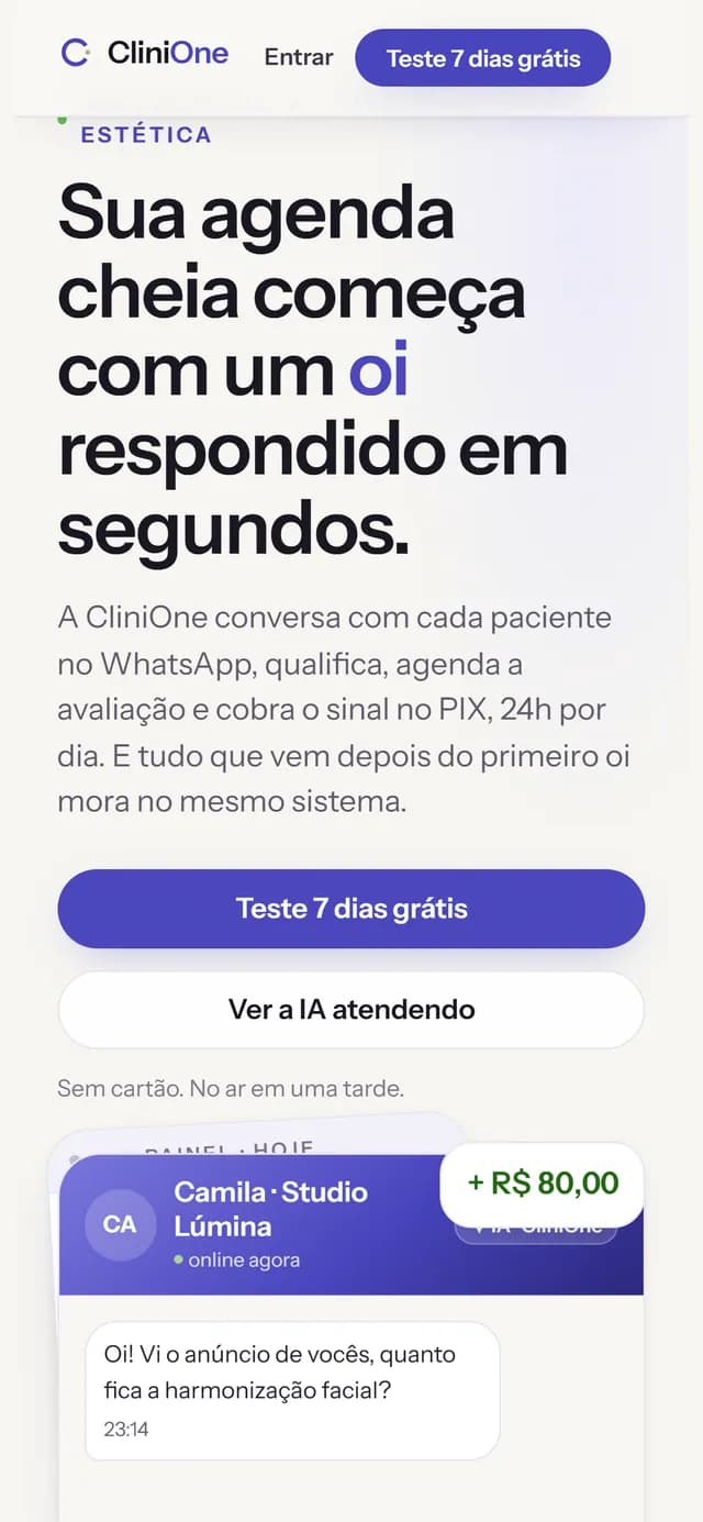 CliniOne no celular, tela 1 de 7, site feito pela Venera Digital para CliniOne