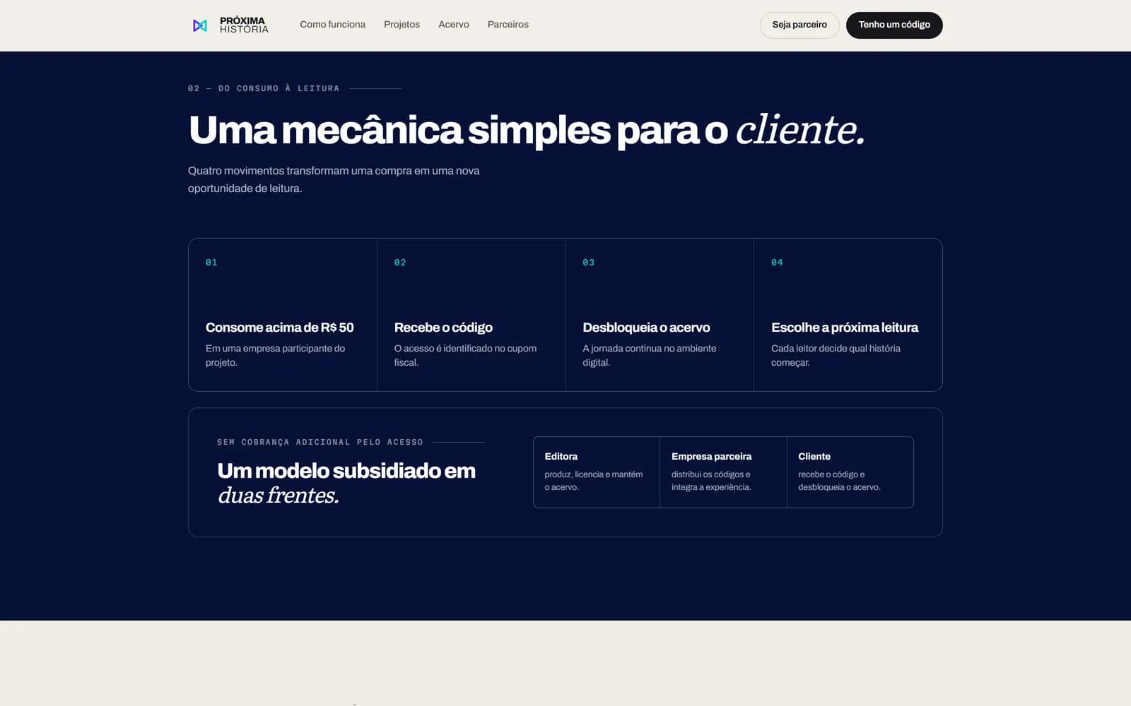 O site da Próxima História, tela 3 de 8, site feito pela Venera Digital para Próxima História