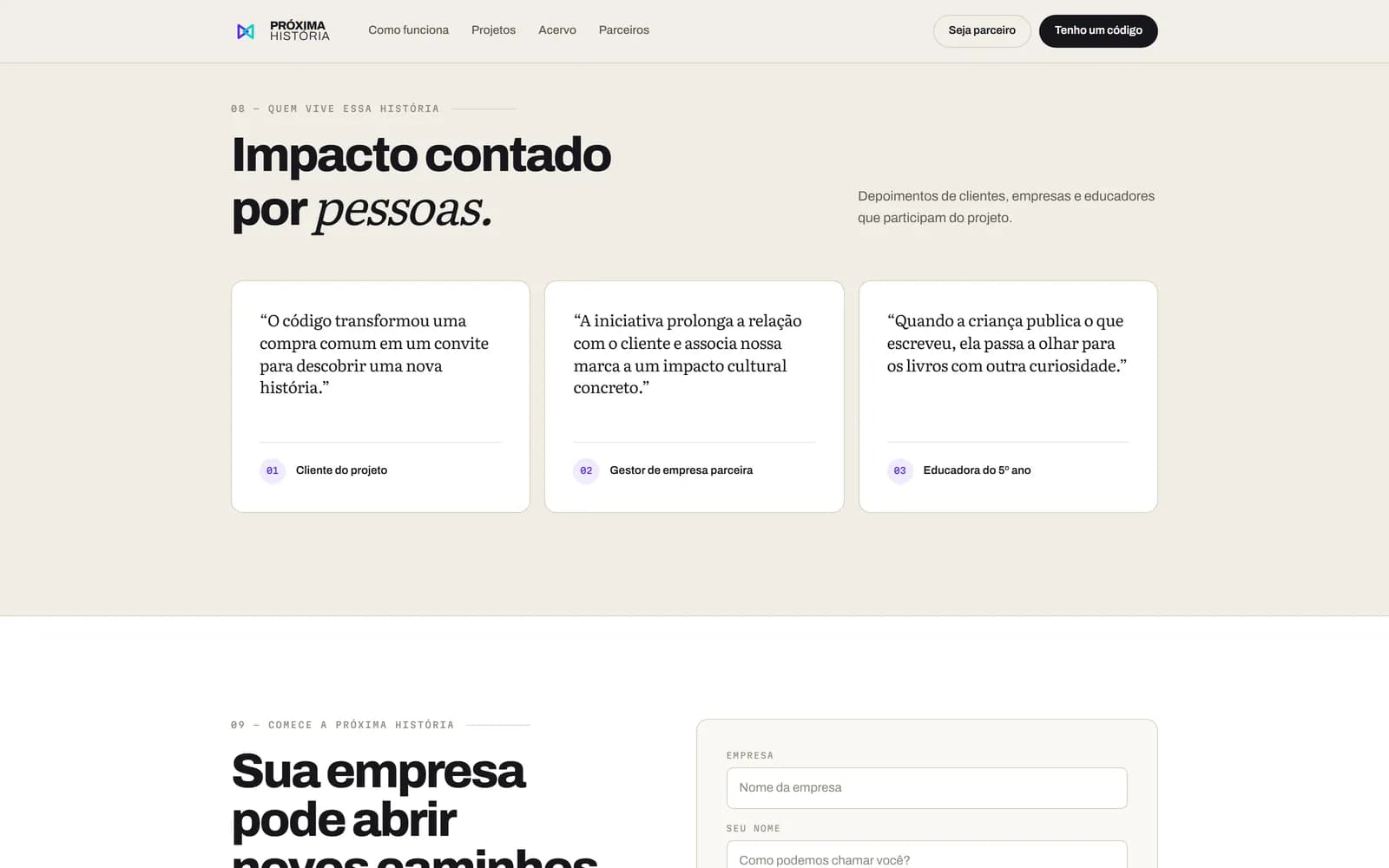 O site da Próxima História, tela 7 de 8, site feito pela Venera Digital para Próxima História