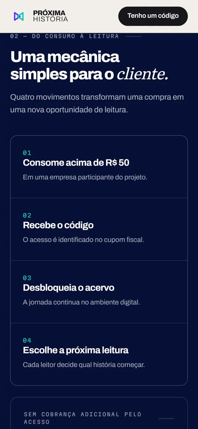 Próxima História no celular, tela 2 de 7, site feito pela Venera Digital para Próxima História