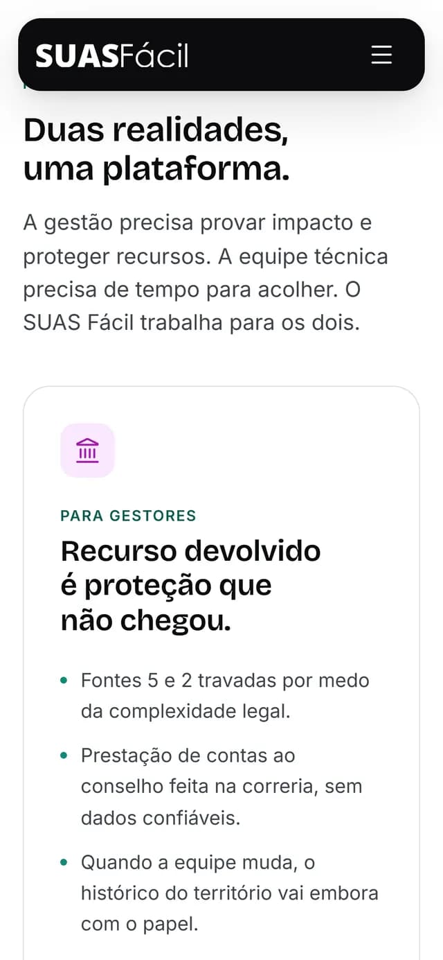 SUAS Fácil no celular, tela 3 de 7, site feito pela Venera Digital para SUAS Fácil