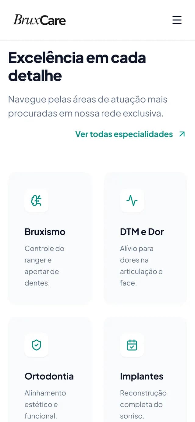 BruxCare no celular, tela 2 de 4, site feito pela Venera Digital para BruxCare