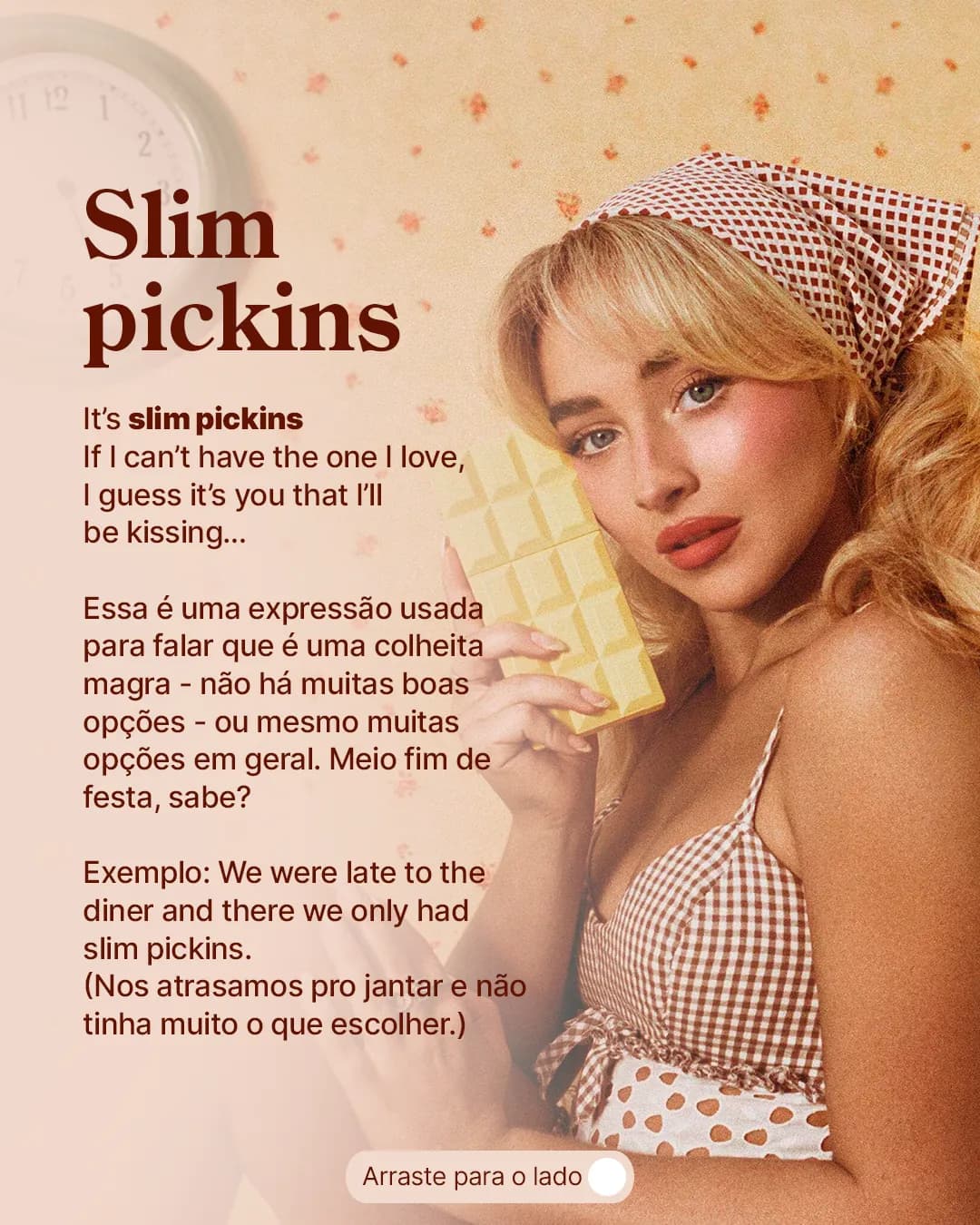 Gírias e expressões com Sabrina Carpenter, peça 2 de 7, feita pela Venera Digital para CLM Idiomas